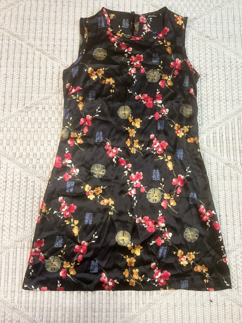 Younique Black Satin Mini Dress Cherry Blossom Double Happiness Print Size M